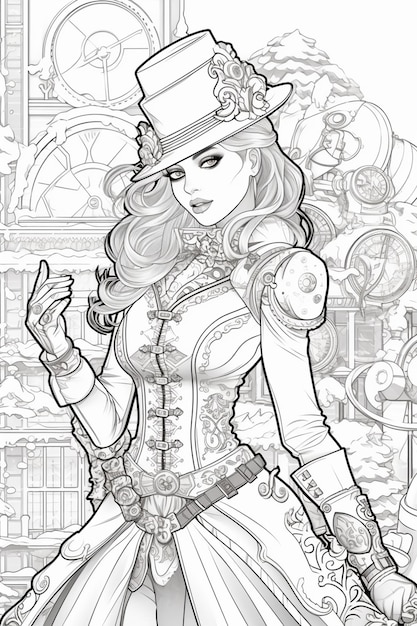 Un dibujo en blanco y negro de una mujer con vestido y sombrero de copa ai generativo