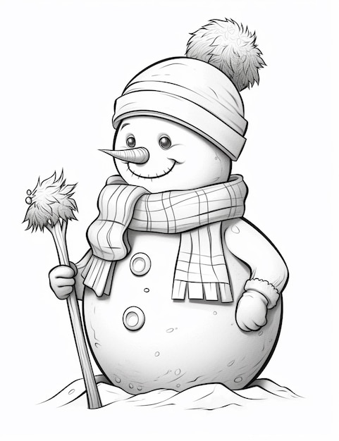 Un dibujo en blanco y negro de un muñeco de nieve con una escoba ai generativo