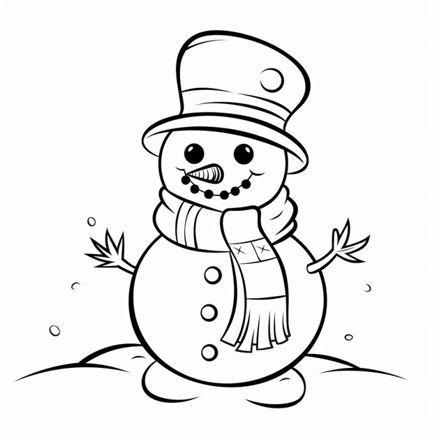 un dibujo en blanco y negro de un muñeco de nieve con sombrero y bufanda ai generativo