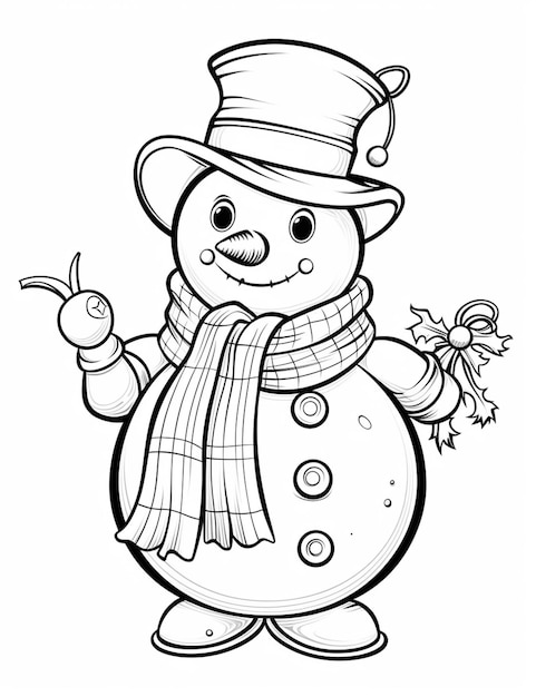 Un dibujo en blanco y negro de un muñeco de nieve con sombrero y bufanda ai generativo
