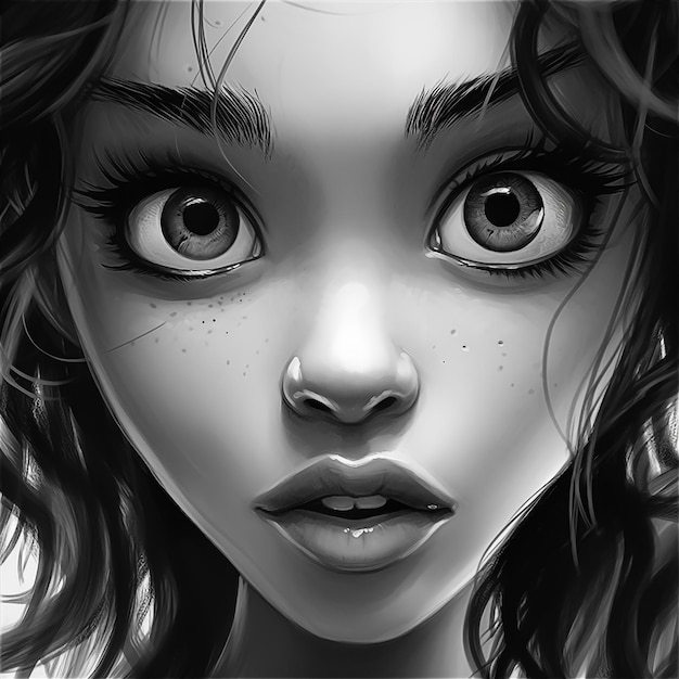 Un dibujo en blanco y negro de una niña con ojos grandes.