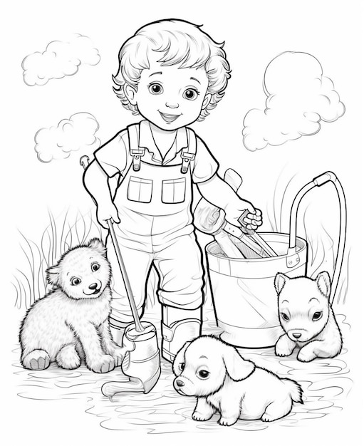 Un dibujo en blanco y negro de un niño con un balde de agua y dos cachorros ai generativo