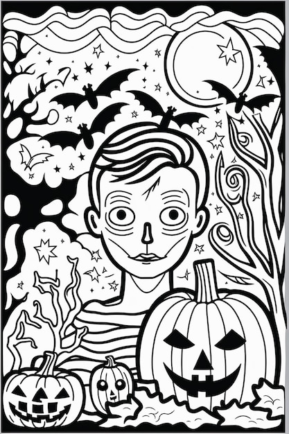 un dibujo en blanco y negro de un niño con una calabaza generativa ai