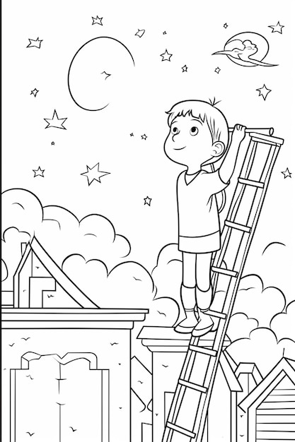 un dibujo en blanco y negro de un niño en una escalera mirando las estrellas ai generativo