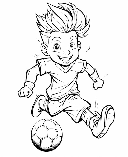 Un dibujo en blanco y negro de un niño pateando una pelota de fútbol