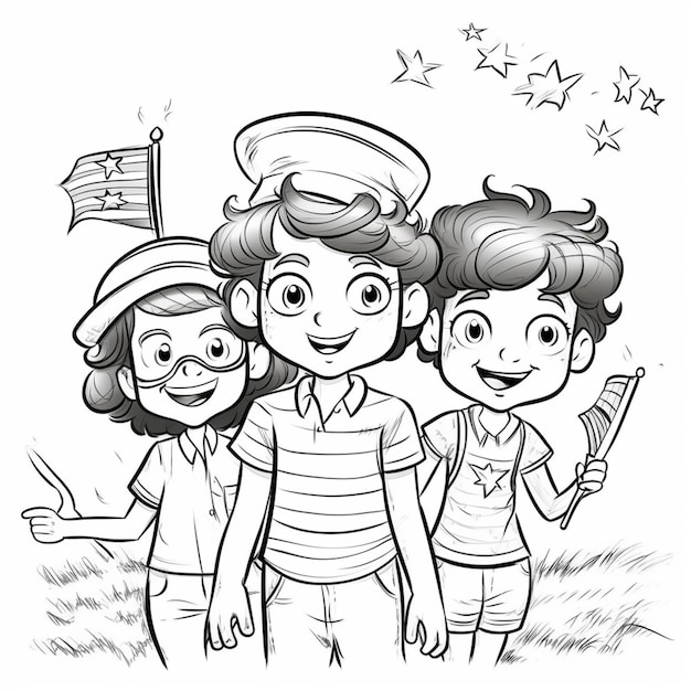 Un dibujo en blanco y negro de niños con estrellas y un niño con sombrero.