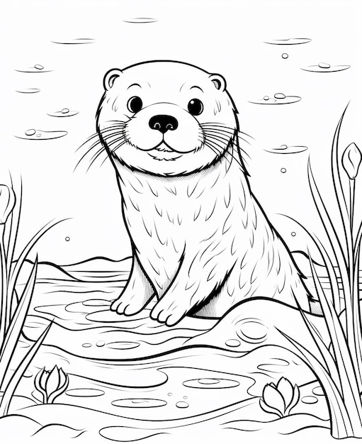 Un dibujo en blanco y negro de una nutria marina sentada sobre una roca ai generativo