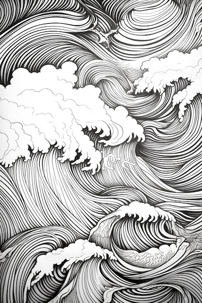 Foto un dibujo en blanco y negro de una ola con nubes generativas ai