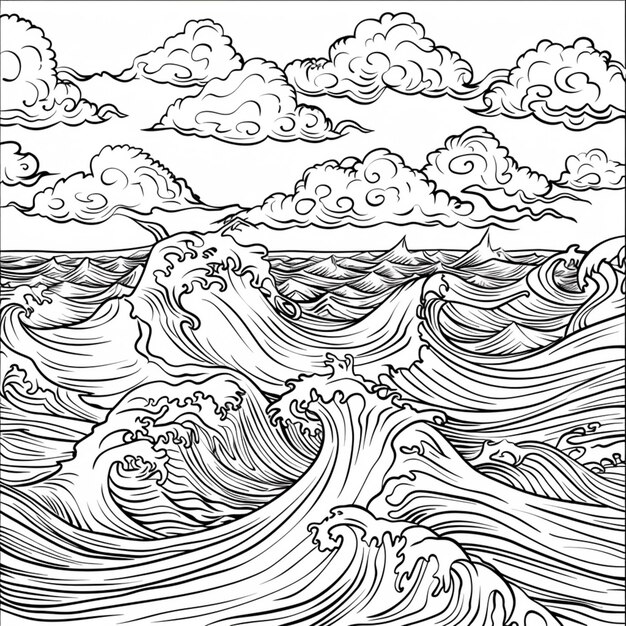 un dibujo en blanco y negro de las olas en el océano generativo ai