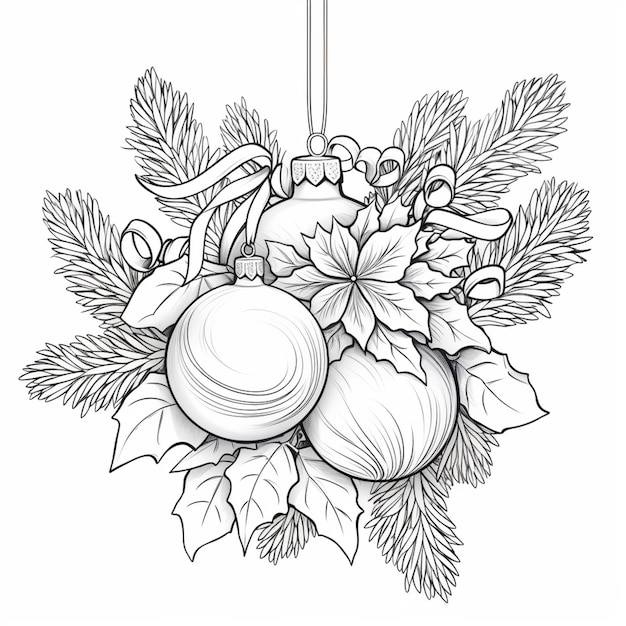 un dibujo en blanco y negro de un ornamento de Navidad con hojas de acebo y bolas generativas ai