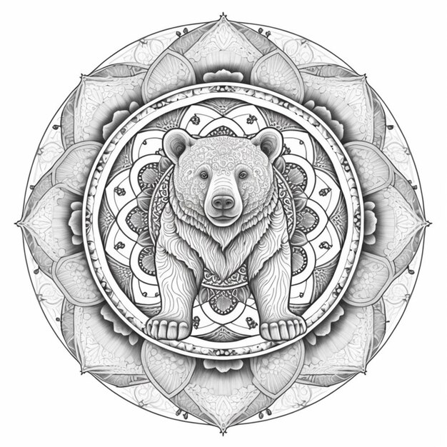 un dibujo en blanco y negro de un oso en un marco circular generativo ai