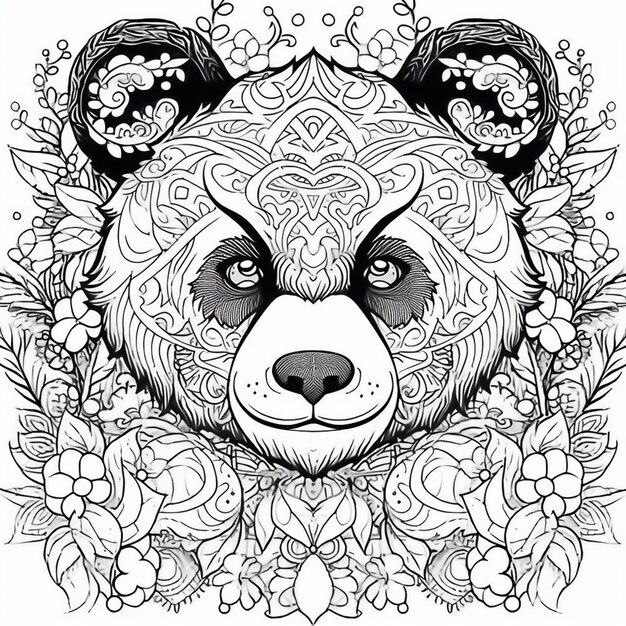 un dibujo en blanco y negro de un oso panda con flores