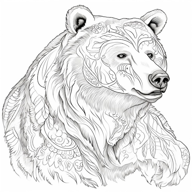 un dibujo en blanco y negro de un oso con un patrón floral en su cara generativo ai