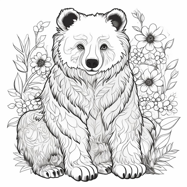 un dibujo en blanco y negro de un oso sentado en un campo de flores generativo ai