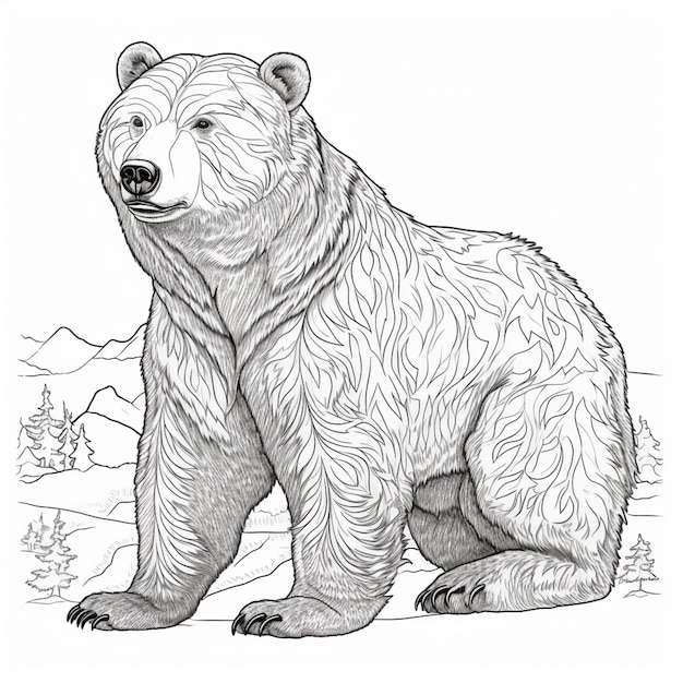 un dibujo en blanco y negro de un oso sentado en la hierba generativa ai