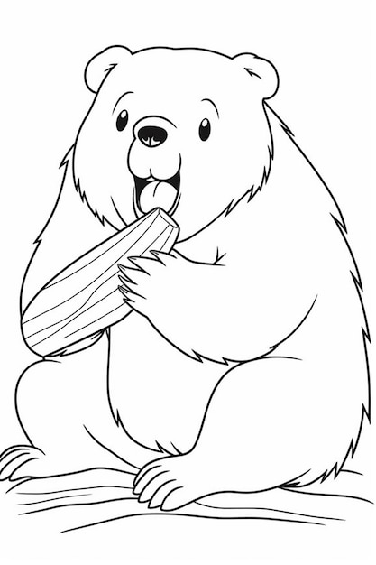 Foto un dibujo en blanco y negro de un oso sosteniendo una pieza de madera generativa ai