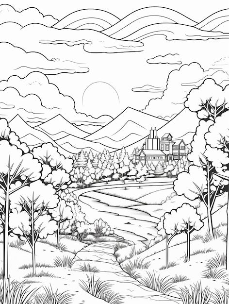 un dibujo en blanco y negro de un paisaje con árboles y una casa generativa ai