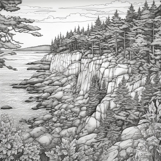 Un dibujo en blanco y negro de un paisaje con árboles y rocas.