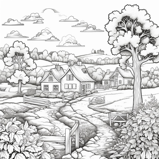 un dibujo en blanco y negro de un paisaje de campo con una casa generativa ai