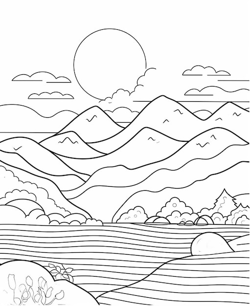 un dibujo en blanco y negro de un paisaje de montaña con un sol generativo ai