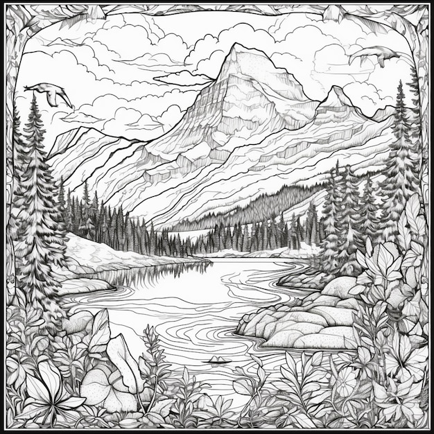 Un dibujo en blanco y negro de un paisaje montañoso con un lago y montañas al fondo.