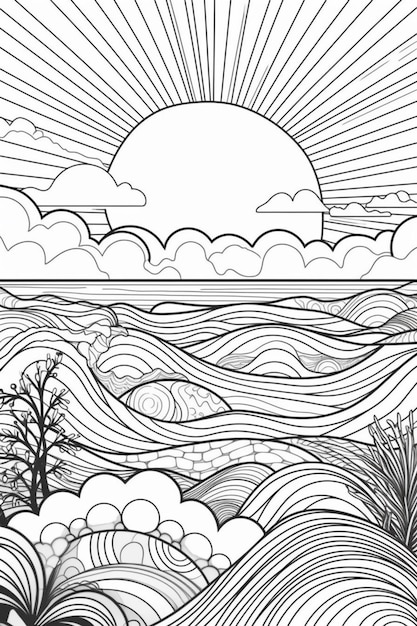 un dibujo en blanco y negro de un paisaje con ondas generativas ai