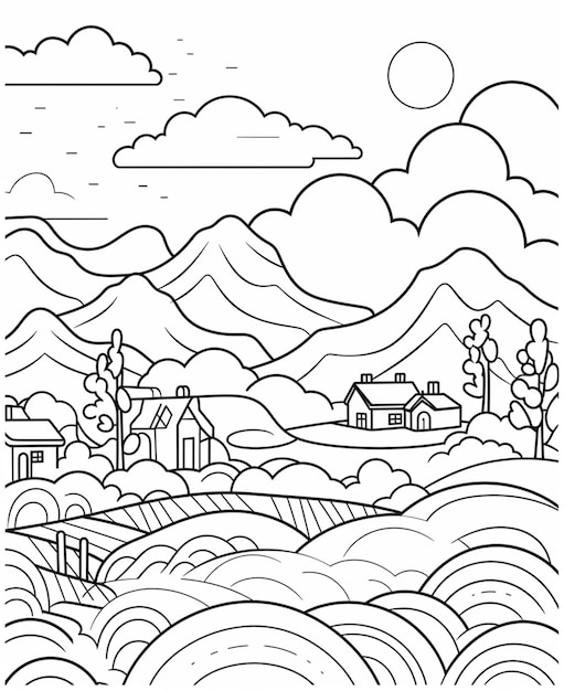 un dibujo en blanco y negro de un paisaje rural con colinas y casas ai generativo