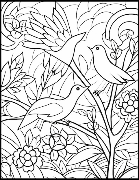 un dibujo en blanco y negro de un pájaro en un árbol generativo ai