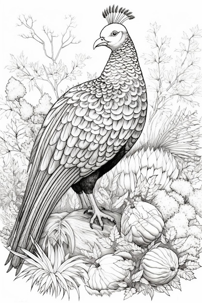 un dibujo en blanco y negro de un pájaro en un campo de flores ai generativo