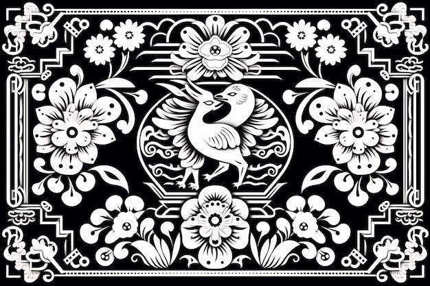 un dibujo en blanco y negro de un pájaro con flores y un pájaro en él