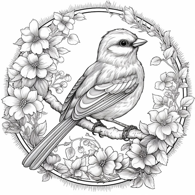 un dibujo en blanco y negro de un pájaro posado en una rama ai generativo