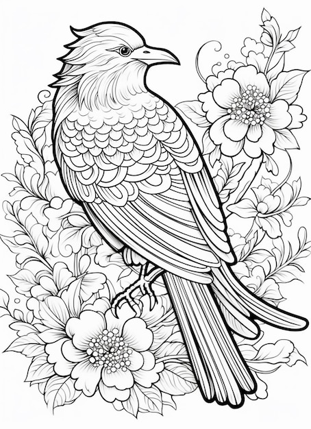 un dibujo en blanco y negro de un pájaro posado en una rama con flores generativas ai