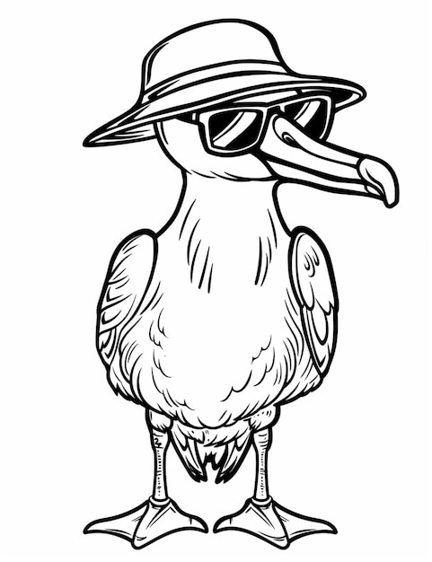 Foto un dibujo en blanco y negro de un pájaro con sombrero y gafas de sol