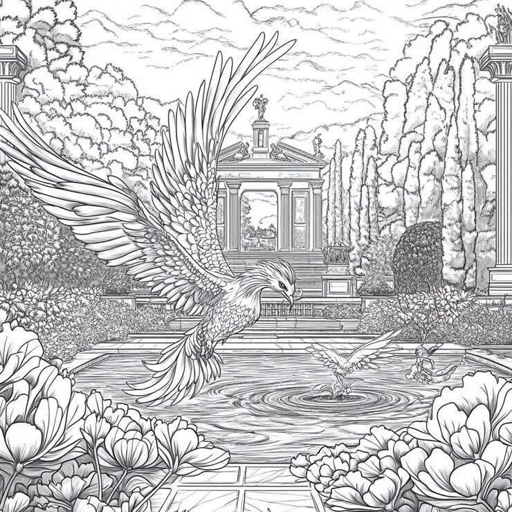 un dibujo en blanco y negro de un pájaro volando sobre un estanque generativo ai