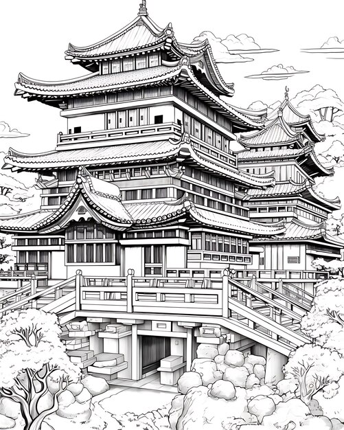 Dibujo blanco negro del palacio japonés