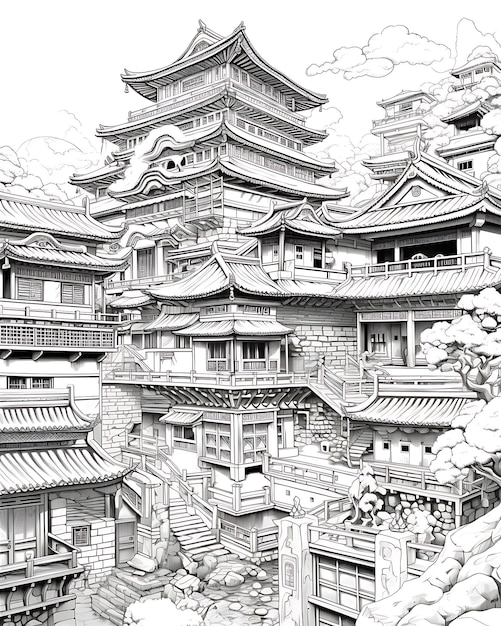 Dibujo blanco negro del palacio japonés