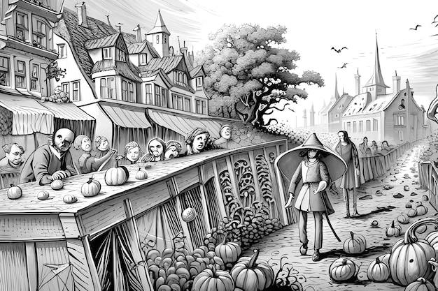 un dibujo en blanco y negro de un parche de calabazas con un letrero que dice " calabazas ".