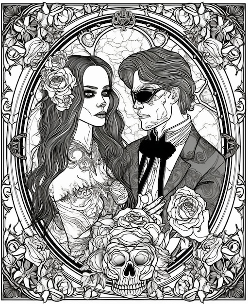 Un dibujo en blanco y negro de una pareja con rosas y las palabras "el vampiro" en el frente.