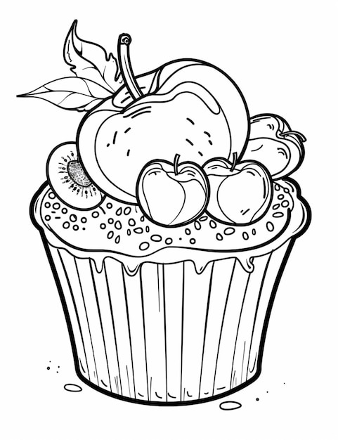 un dibujo en blanco y negro de un pastel con manzanas en la parte superior generativa ai