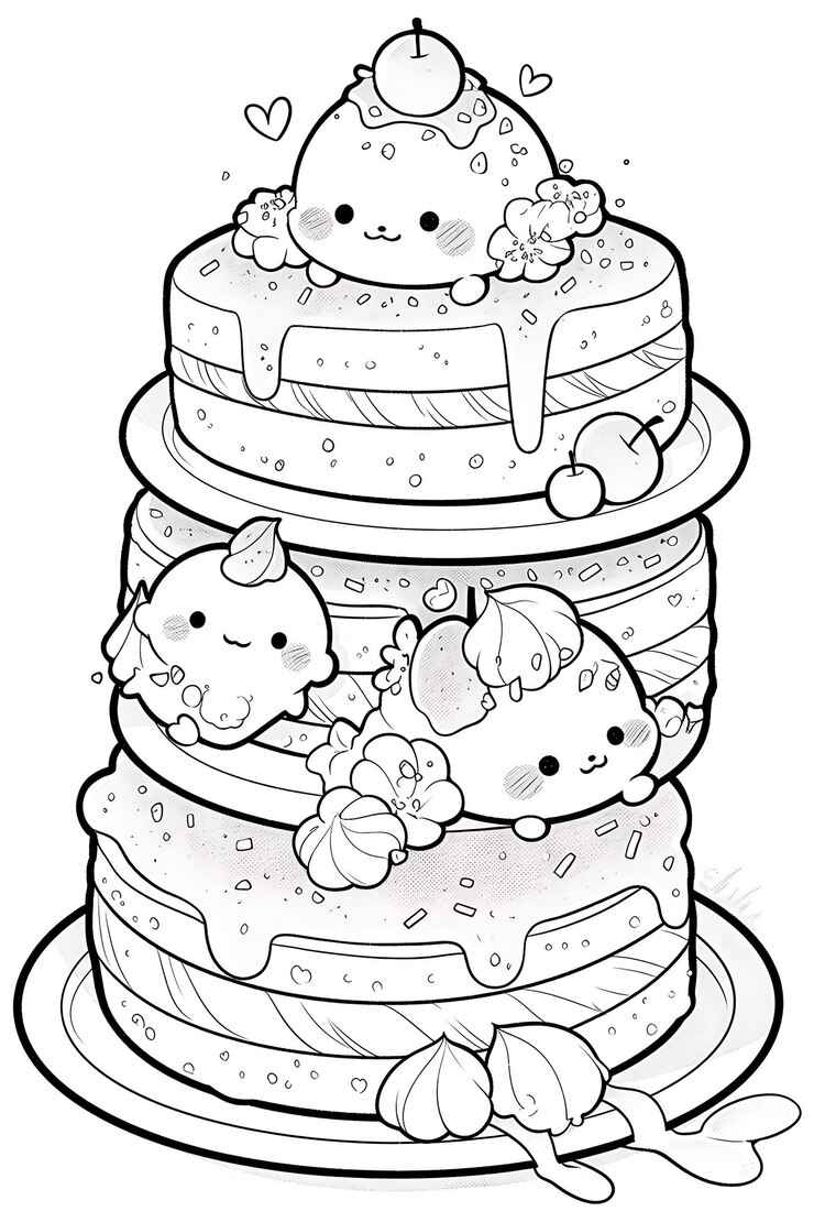 un dibujo en blanco y negro de un pastel con tres gatos en la parte superior