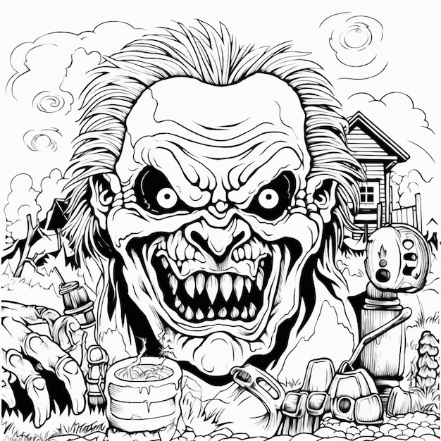 un dibujo en blanco y negro de un payaso aterrador con una casa en el fondo