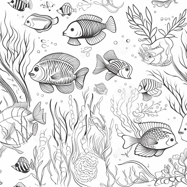 un dibujo en blanco y negro de peces y plantas en el océano ai generativo