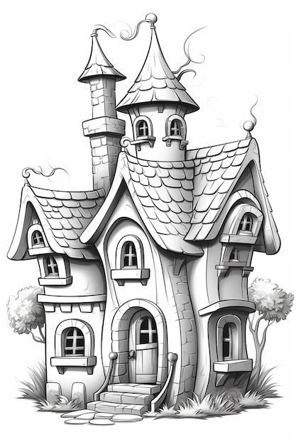 Un dibujo en blanco y negro de una pequeña casa con una torre generativa ai
