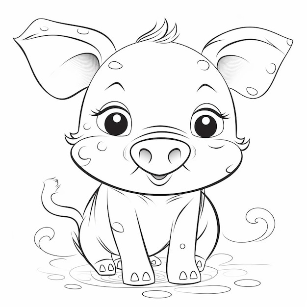 Un dibujo en blanco y negro de un pequeño cerdo sentado en el agua generativo ai