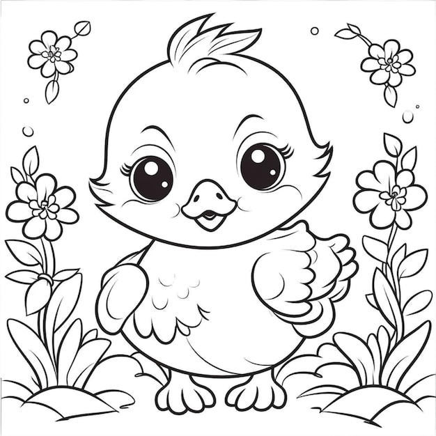 un dibujo en blanco y negro de un pequeño pájaro en un campo de flores generativo ai