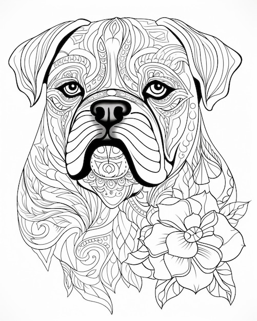un dibujo en blanco y negro de un perro con un ai generativo de flores