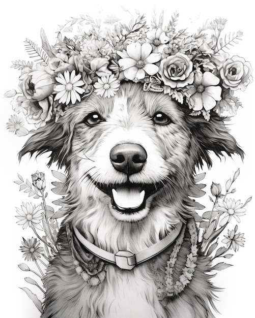 un dibujo en blanco y negro de un perro con una corona de flores en la cabeza generativo ai
