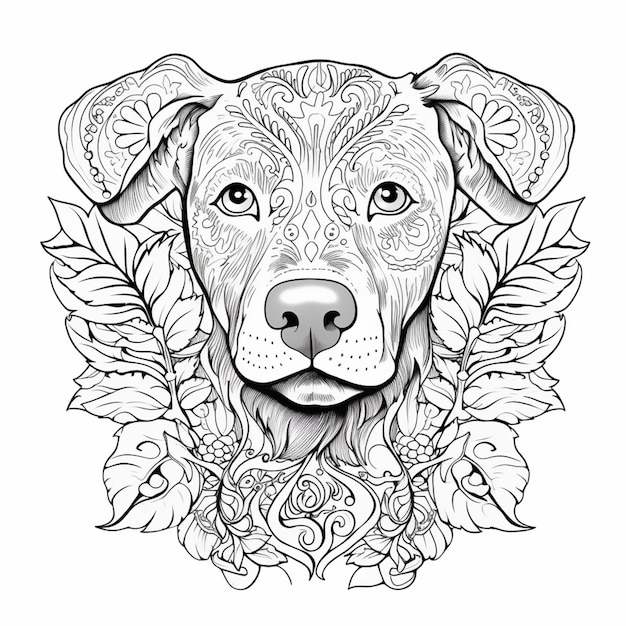 Foto un dibujo en blanco y negro de un perro con un diseño floral generativo ai