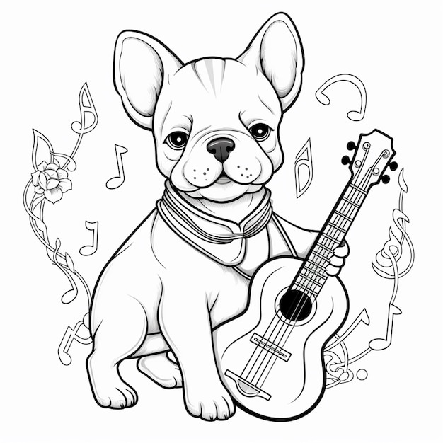 un dibujo en blanco y negro de un perro con una guitarra generativa ai