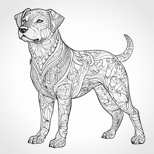 un dibujo en blanco y negro de un perro con un patrón floral en él ai generativo